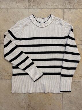 a new day Women's Cream and Black Striped Crewneck Sweater